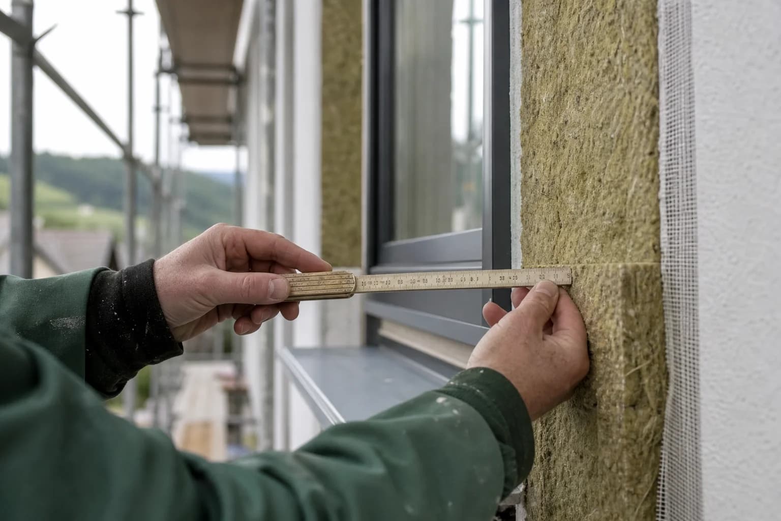 Hände messen mit dem Zollstock die Dicke der Fassadendämmung an einer Fensterlaibung