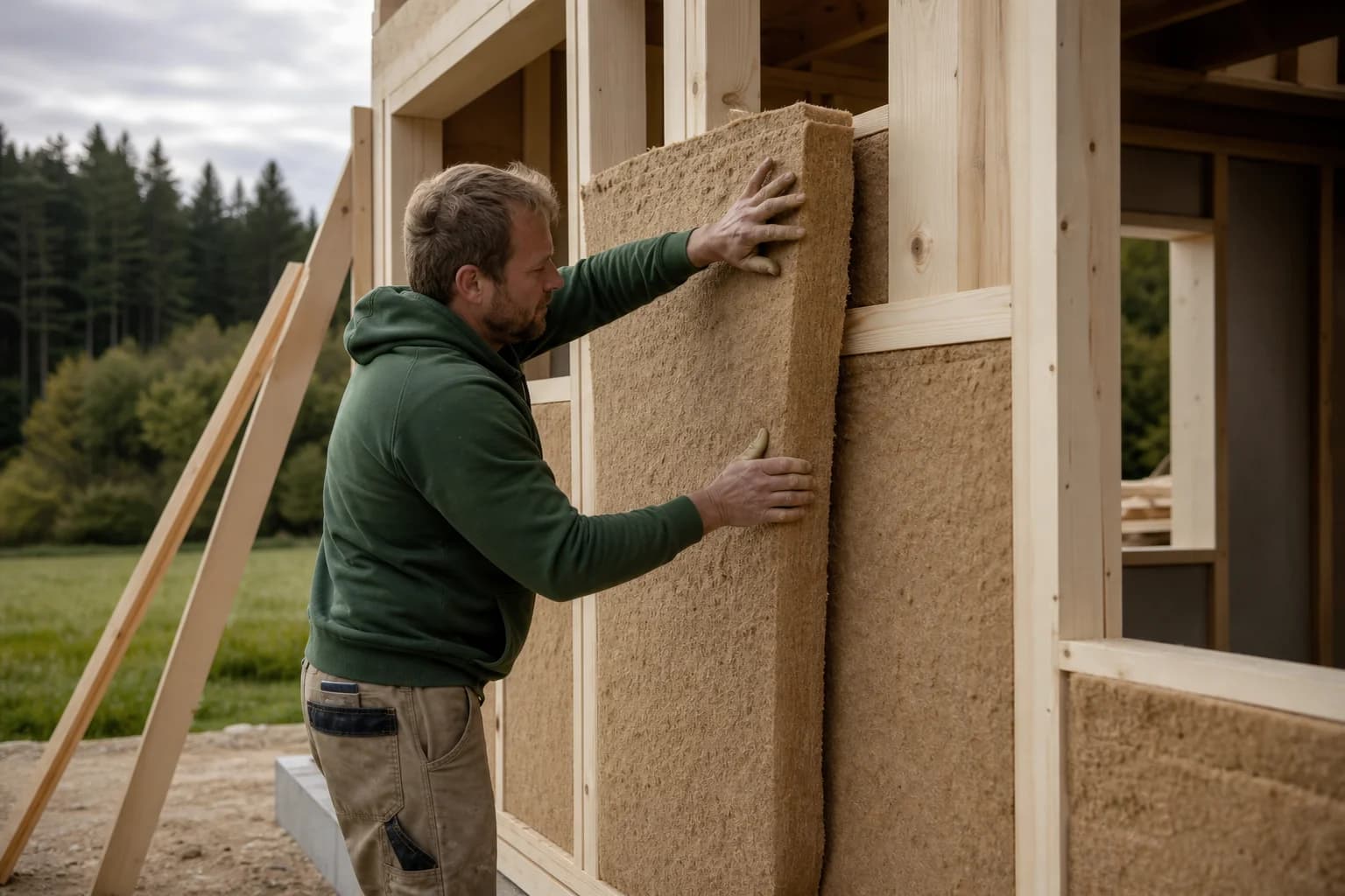 Zimmerer setzt Holzfaser-Dämmplatten in eine Holzrahmenwand ein