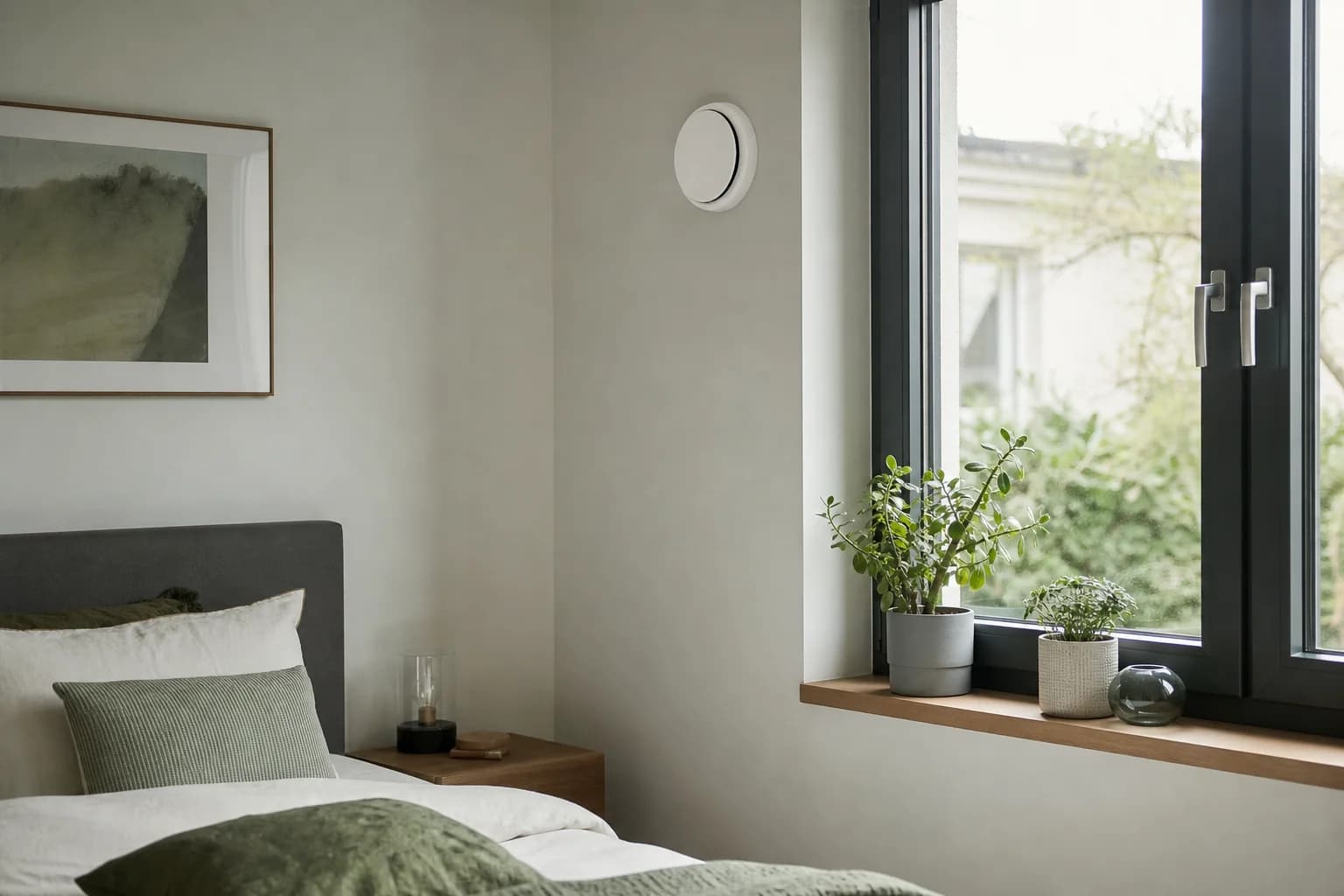 Schlafzimmer mit dezentralem Lüftungsgerät in der Außenwand neben dem Fenster
