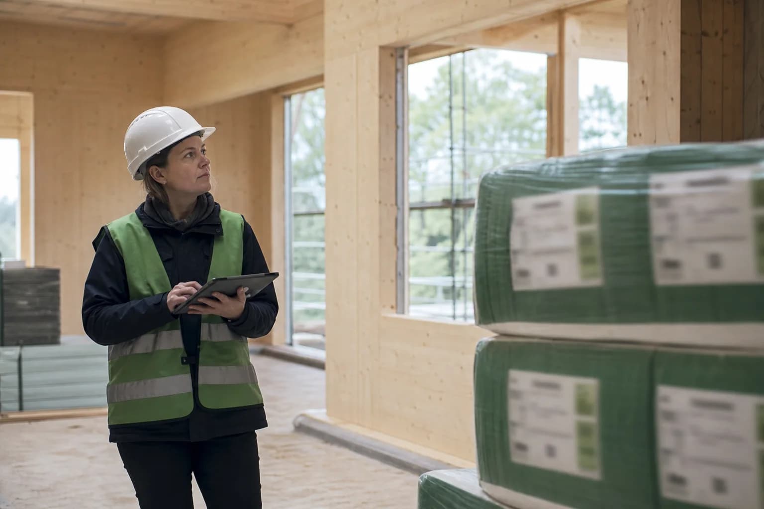 Auditorin mit Tablet prüft Materialien im Rohbau eines Holzgebäudes