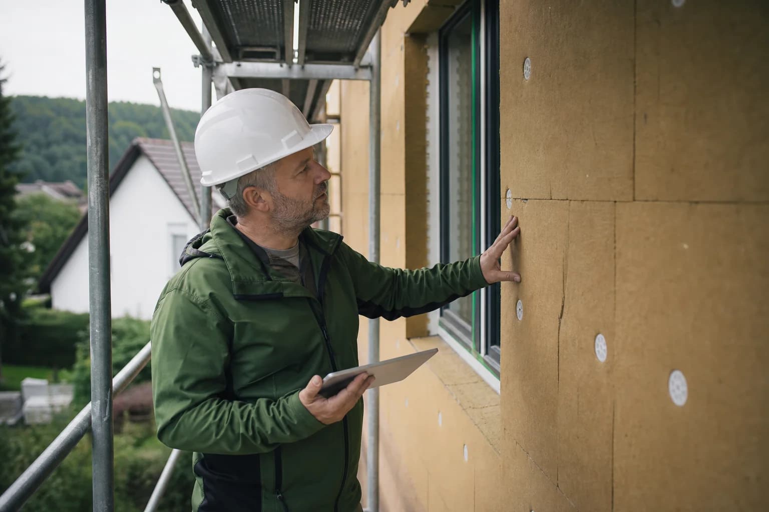 Bauleiter mit Tablet prüft frisch montierte Dämmplatten am Gerüst