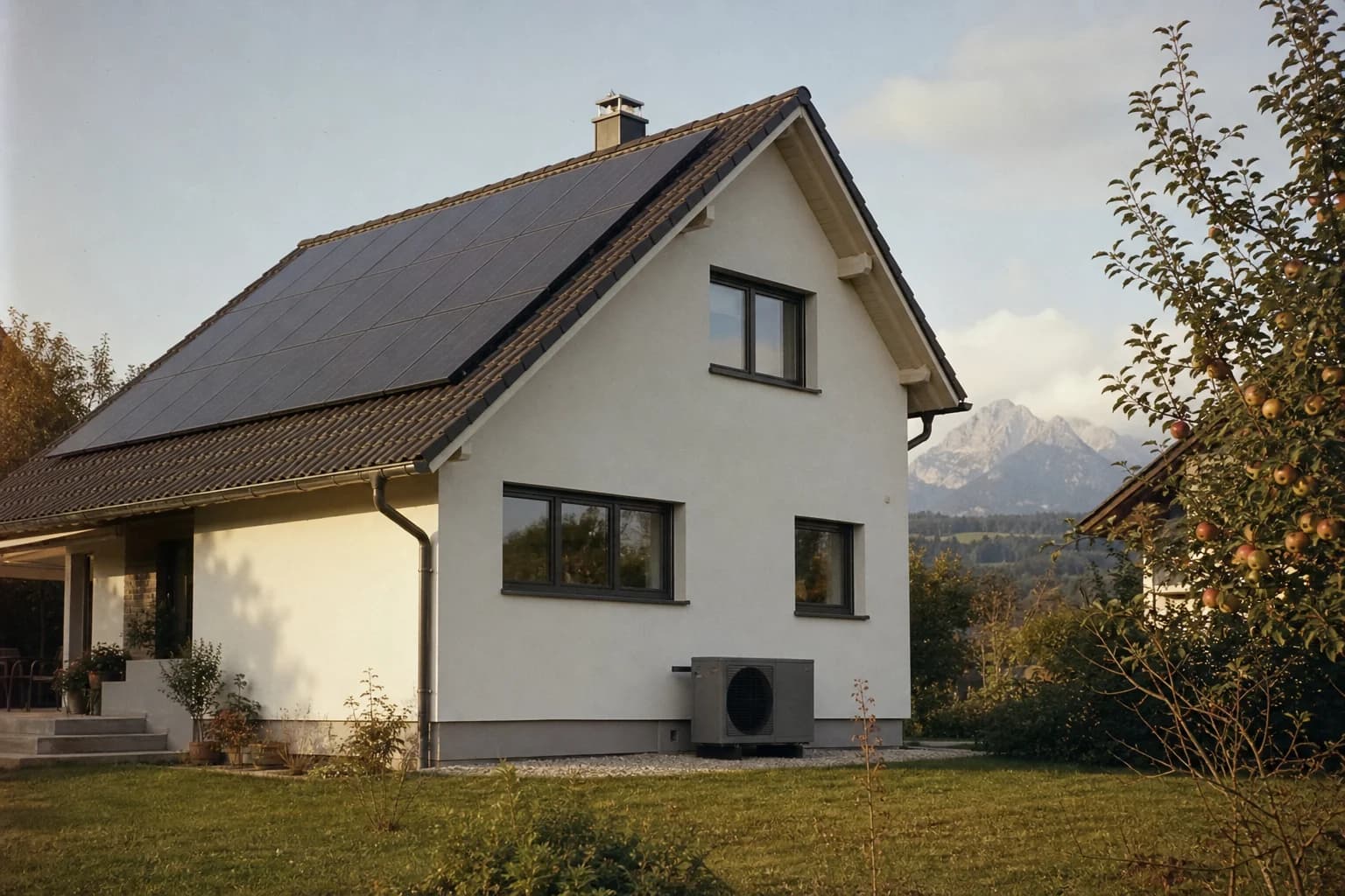 Frisch saniertes Einfamilienhaus mit Wärmepumpe und Photovoltaik vor Alpenkulisse