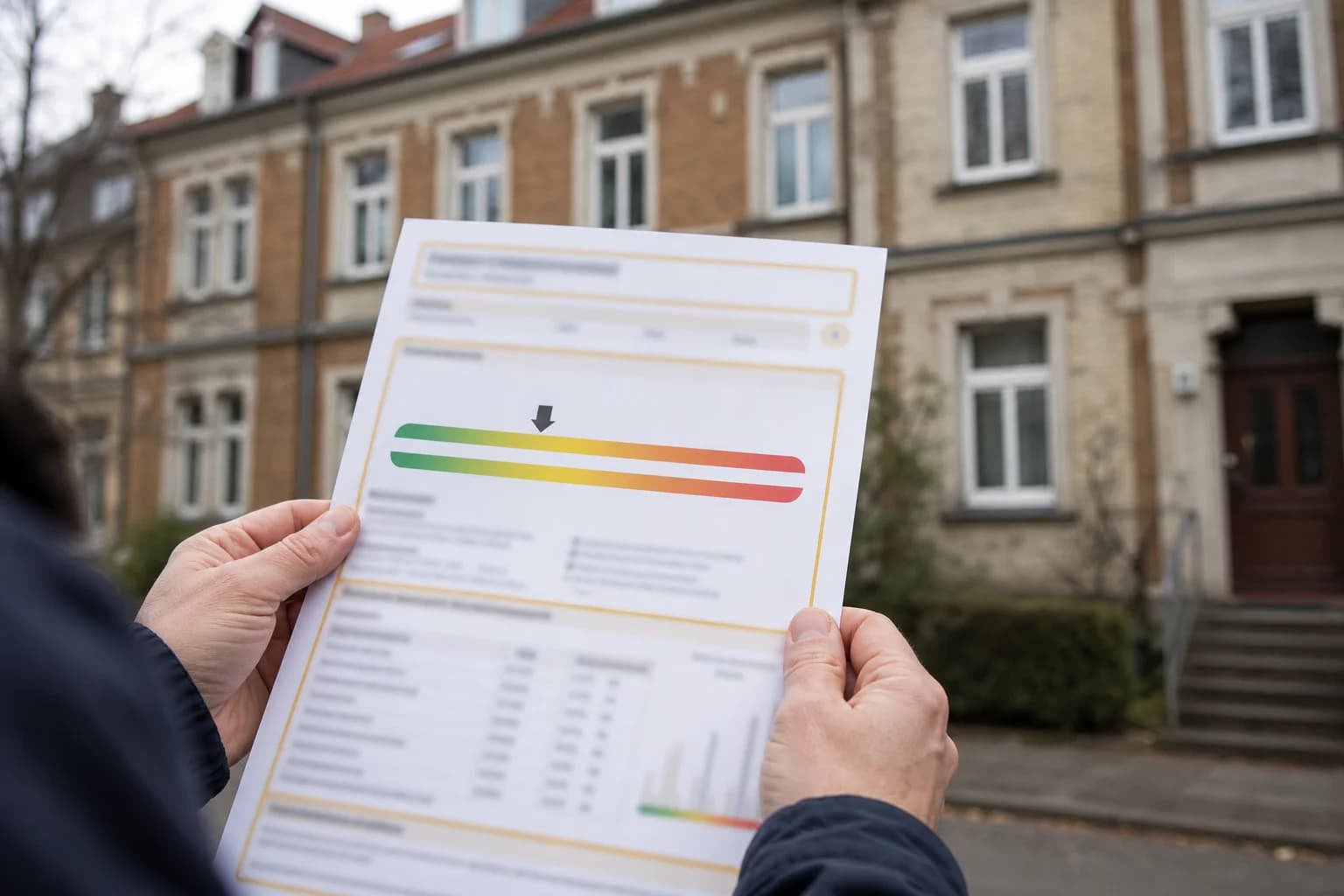 Hände halten einen Energieausweis mit Farbskala vor einem Altbau