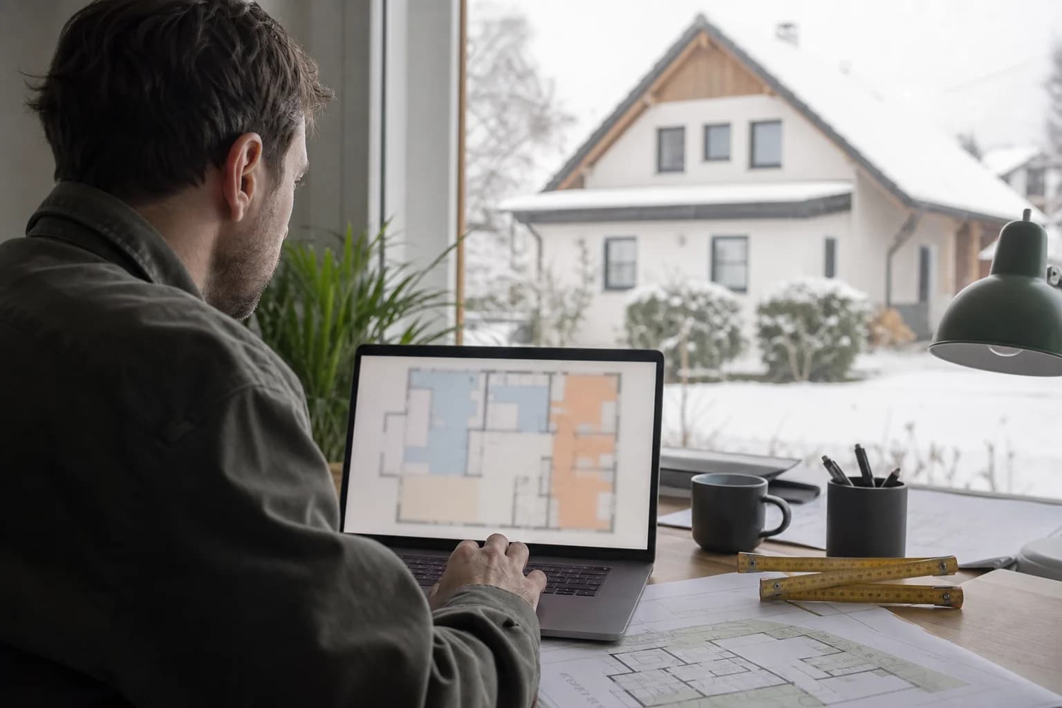 Ingenieur berechnet am Laptop die raumweise Heizlast eines Wohnhauses