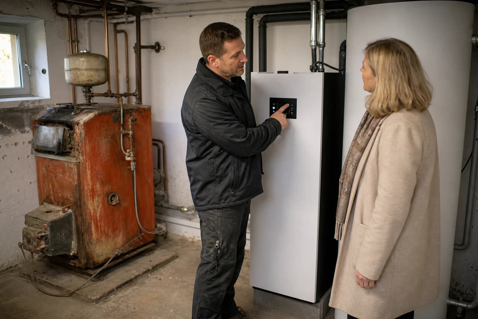 Heizungstechniker erklärt einem Eigentümer die neue Wärmepumpen-Inneneinheit neben dem alten Ölkessel