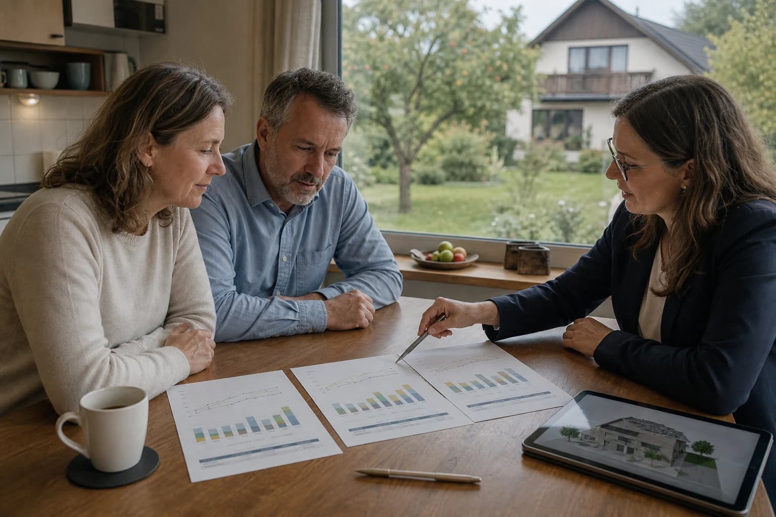Energieberaterin vergleicht mit einem Eigentümerpaar am Küchentisch drei Sanierungsvarianten mit Kostenverläufen