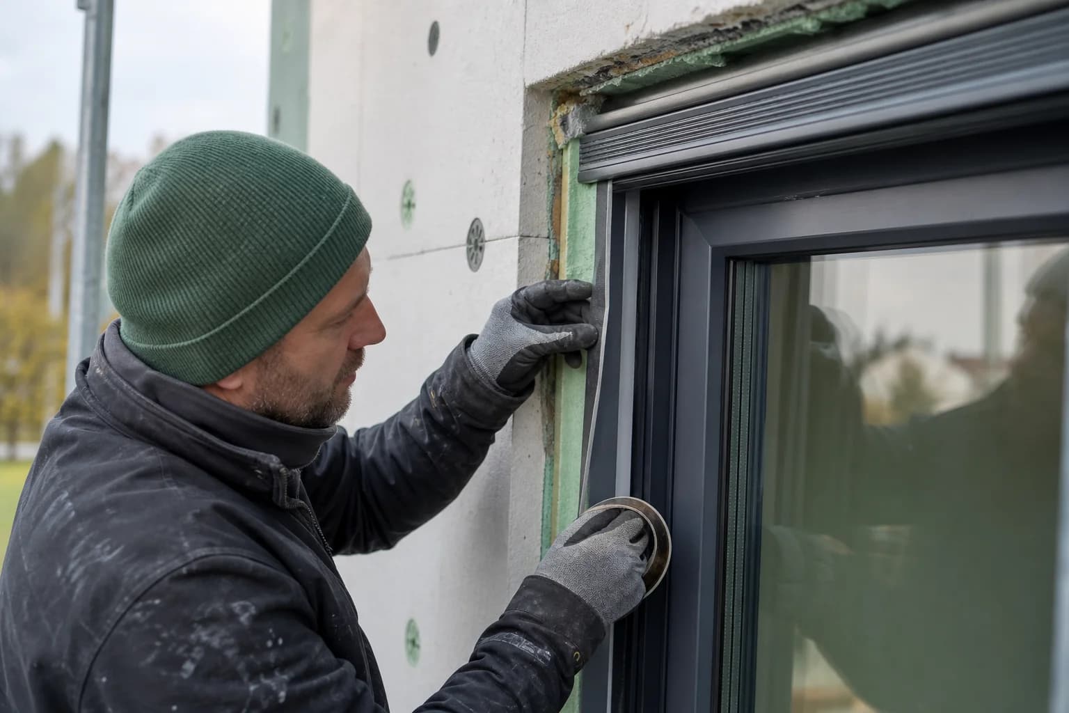 Handwerker dichtet den Anschluss eines neuen Fensters an die Dämmung ab