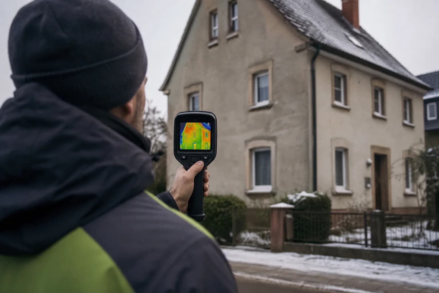 Energieberater prüft die Fassade eines Altbaus mit der Wärmebildkamera