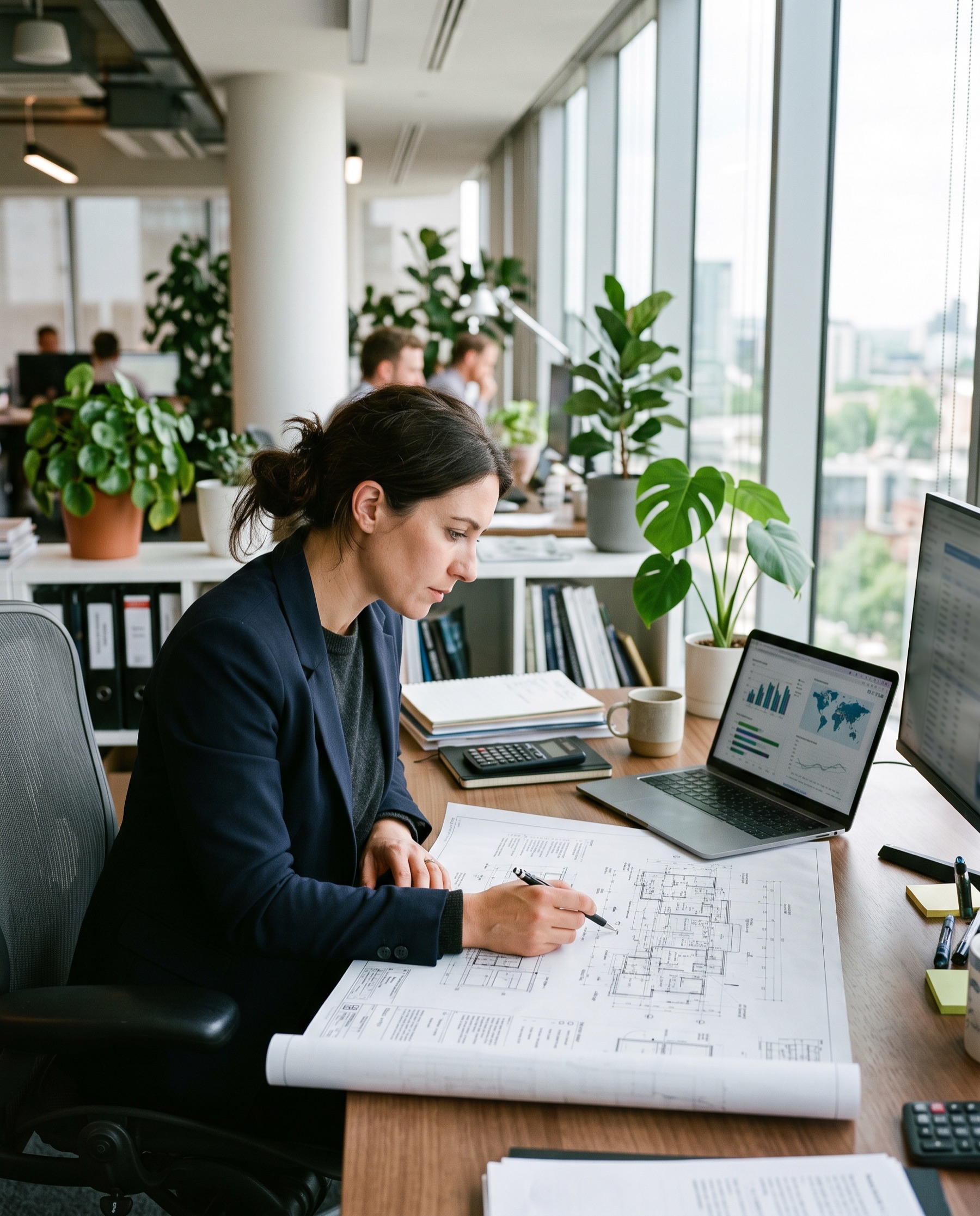 Arbeitsplatz mit Gebäudeplänen im Büro